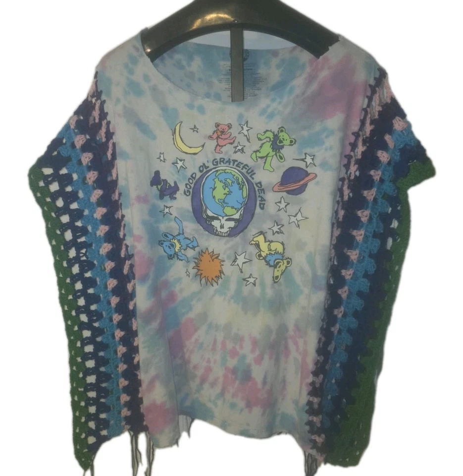Camiseta Grateful Dead Crochet PONCHO Talla L - XL Hecha a Mano Vintage Camiseta Reciclada Foto 3 de 4