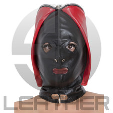 Leather Fly Trap Hood   Black  Red Dual Layer Fetish Mask