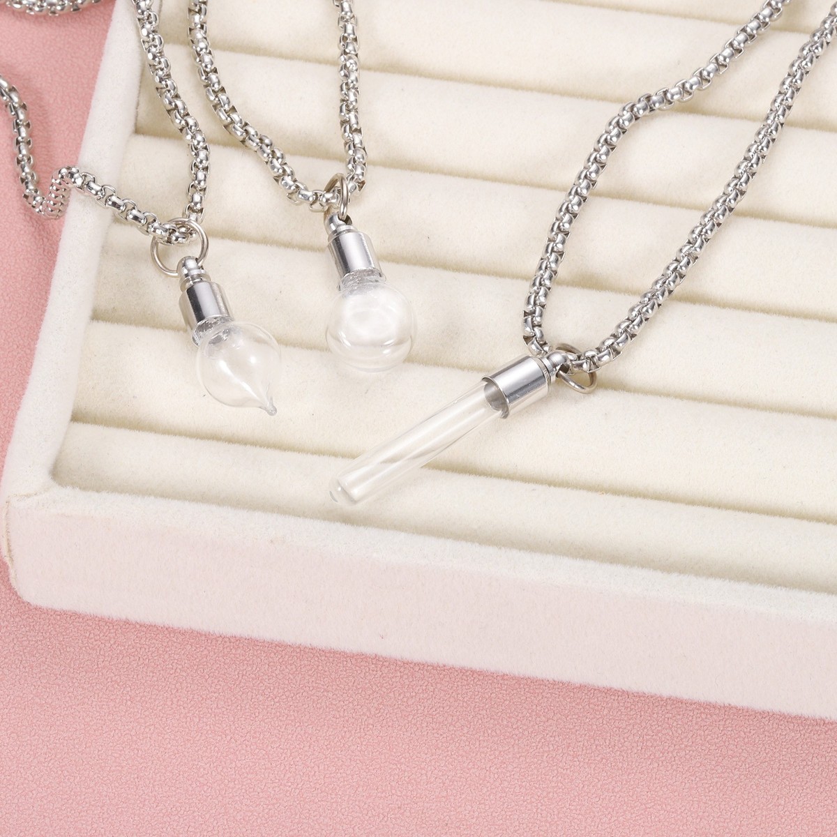 Vial Necklace, 2Pcs Cylinder Glass Container Necklace, Silver Tone