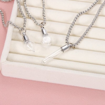 Vial Necklace, 2Pcs Cylinder Glass Container Necklace, Silver Tone