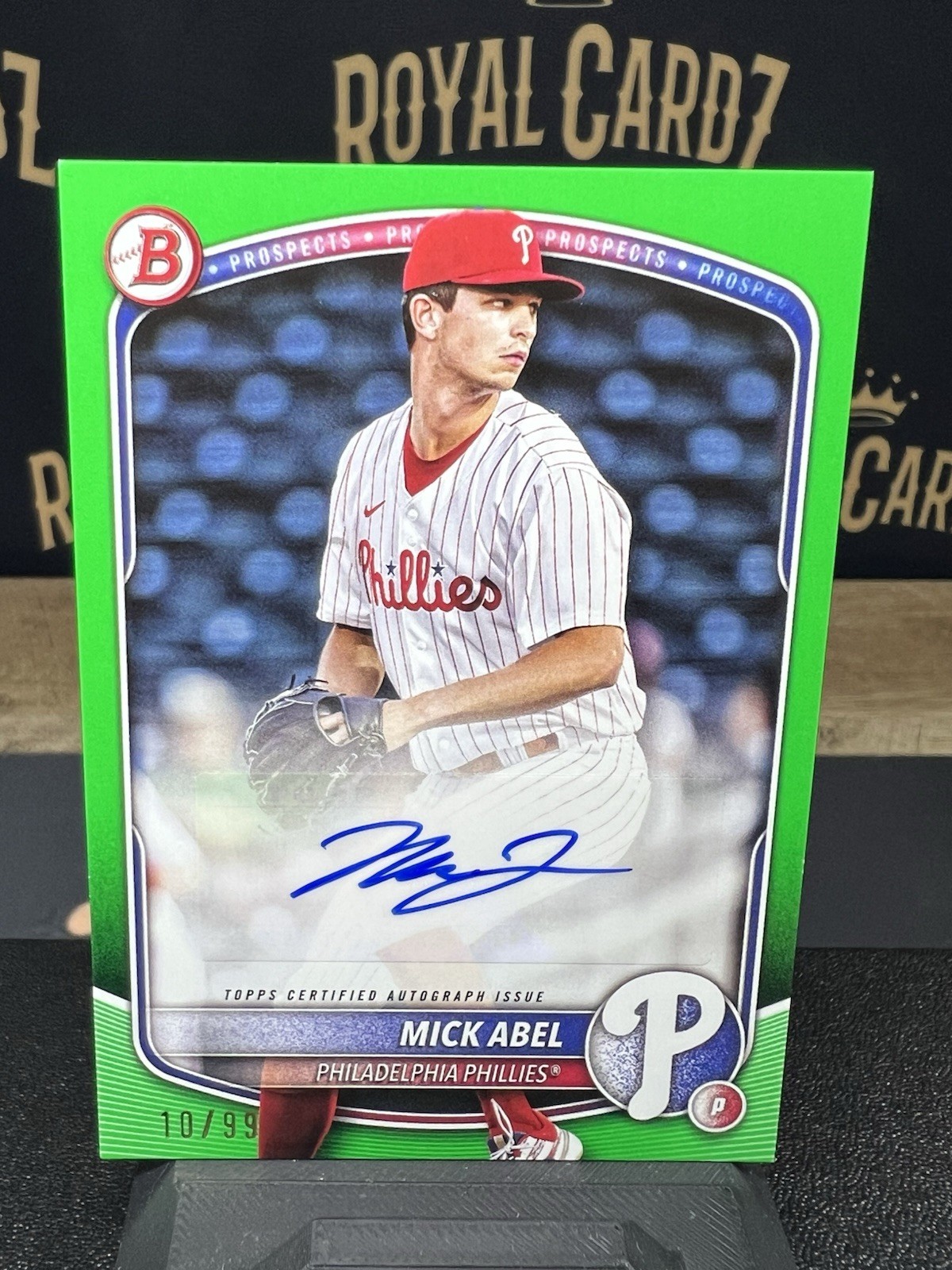 2025 Bowman Mick Abel Green Paper Border Auto /99 Phillies BPA-MA