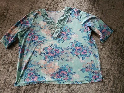 Liz & Me Tropical Plus Size 6X 38W/40W Top T-shirt Crochet V Neck Cuise Wear and