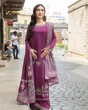 Pakistani Linen 3pc Embroidered 3D Suit Printed Shawl Stitched Eid Party