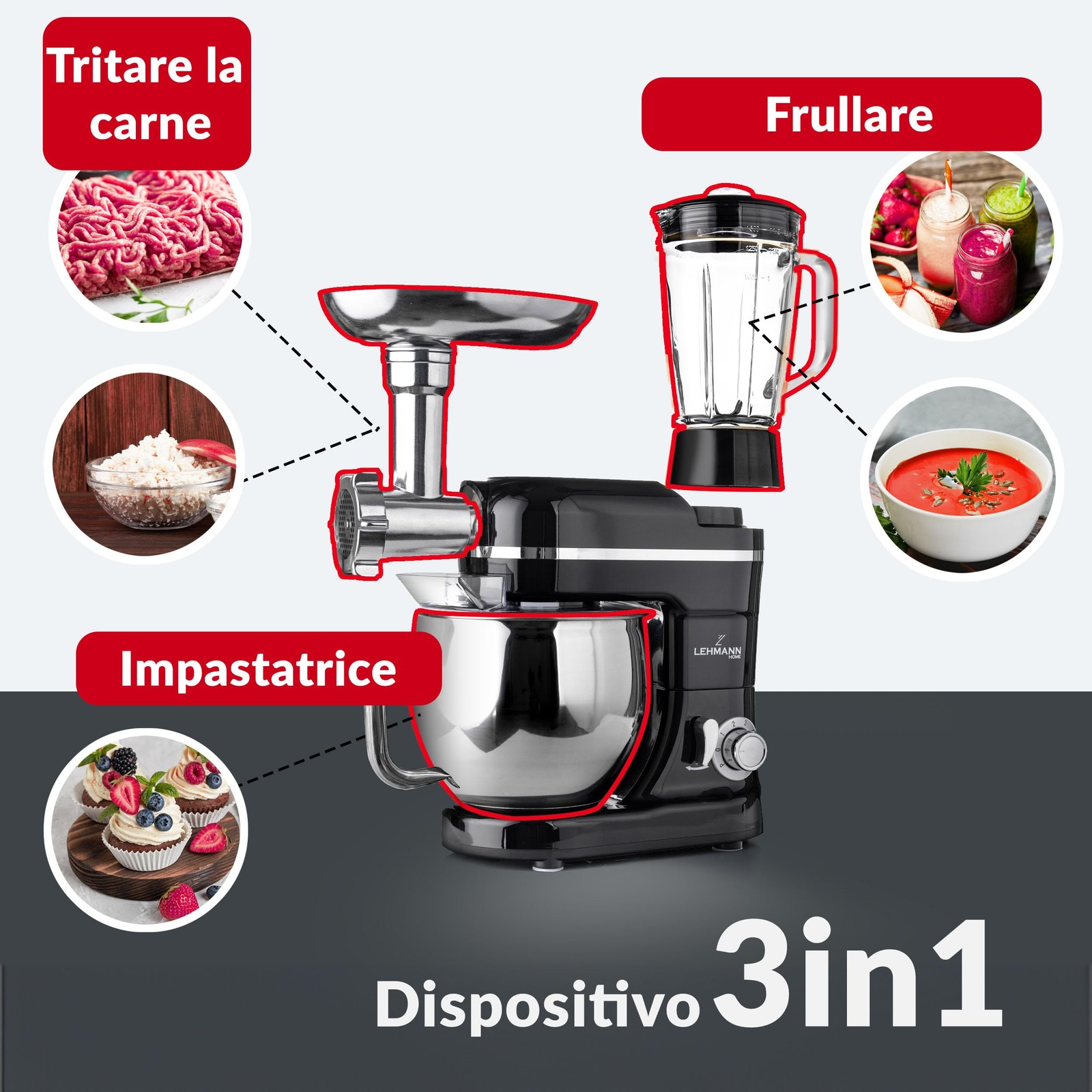 Lehmann Robot da Cucina Universale 3 in 1 Set Mescolatore con Sistema di foto 4