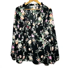 Counterparts Plus Shirt Womens 1X Black Floral Ruffle Neck Tie Sheer Long Sleeve