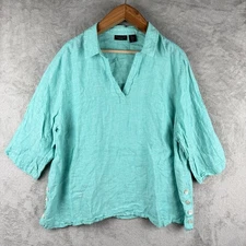 Tahari Linen Blouse Womens 3X Turquoise Aqua Tunic Popover Side Buttons Staple