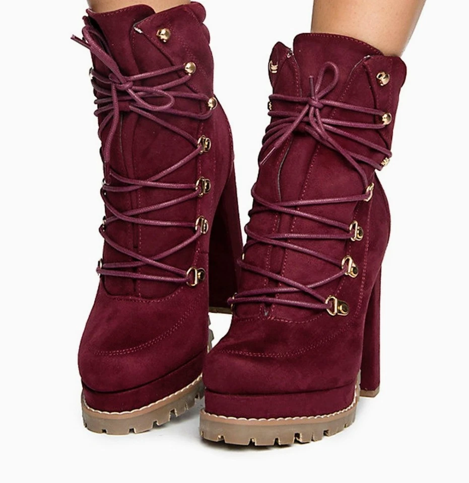 Mujeres Sexy Informal Remaches Zapatos Plataforma Tacón Bloque Tobillo Tubo Corto Botas de Invierno Foto 3 de 3