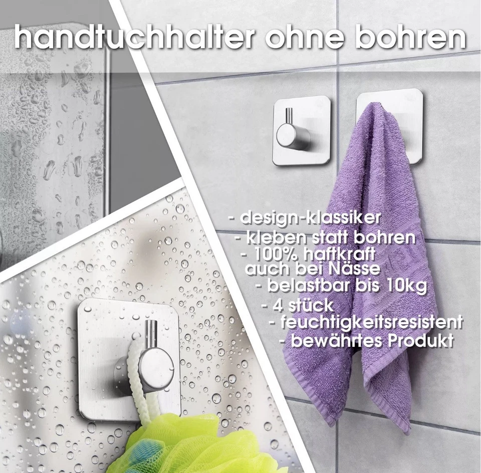 4 Stück Handtuchhaken Handtuchhalter ohne Bohren Edelstahl Selbstklebend Küche - Bild 3 von 4