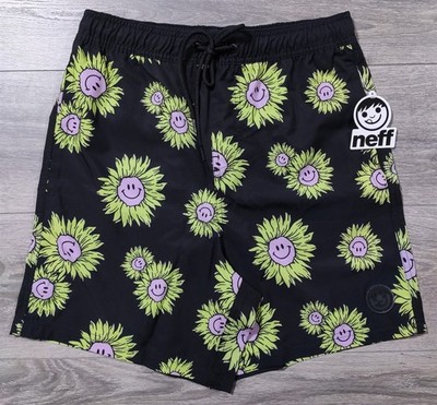 Neff Swim Trunks Adult Medium Black Happy Flowers Swimwear Board Shorts Mens