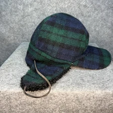 VTG Eddie Bauer Wool Trapper Hunting Hat Ear Flap Green Navy Tartan Plaid Large