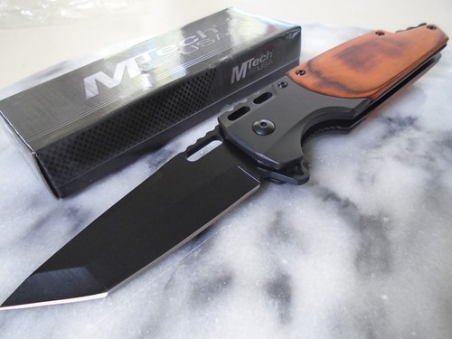 Mtech Fancy Wood Assisted Open Tanto Pocket Knife MT-A2009BN Linerlock Folder - Picture 6 of 9