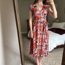 LOFT Dress Women 10 Midi Orange Tropical Floral Resortwear Vacation Flowy Boho