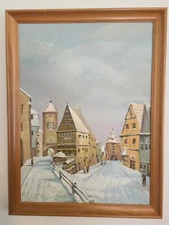 VINTAGE oil on Cavas German City Snowscape Village, Framed 1970ish