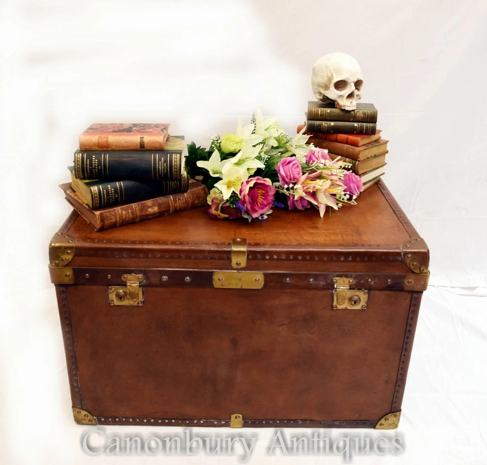 Maleta de equipaje de cuero vintage - Caja de mesa de centro baúl de vapor Foto 2 de 4