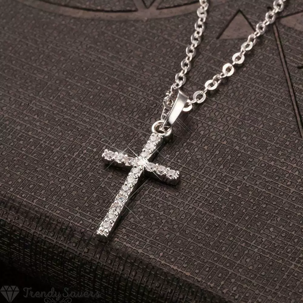 Women Men Sterling Silver Cubic Zirconia Shiny Crystal Cross Pendant  Necklace | eBay