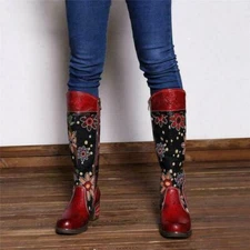Boho Women Flower Splicing Genuine Leather Knee High Boots Cowboy Zip  Boots sz 