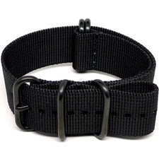 Nylon Military Single Piece Watch Strap - Black 22mm 5 Ring PVD Black Buckle 