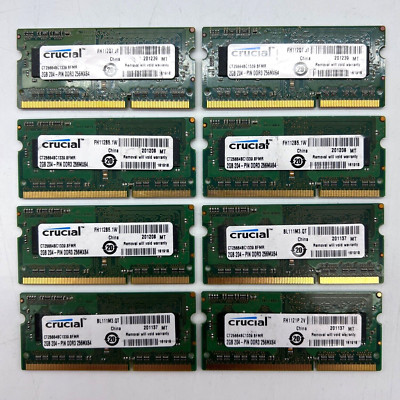 QTY: 8 Crucial 2GB PC3-10600 1Rx8 SO-DIMM RAM Computer Memory Bundle Tested
