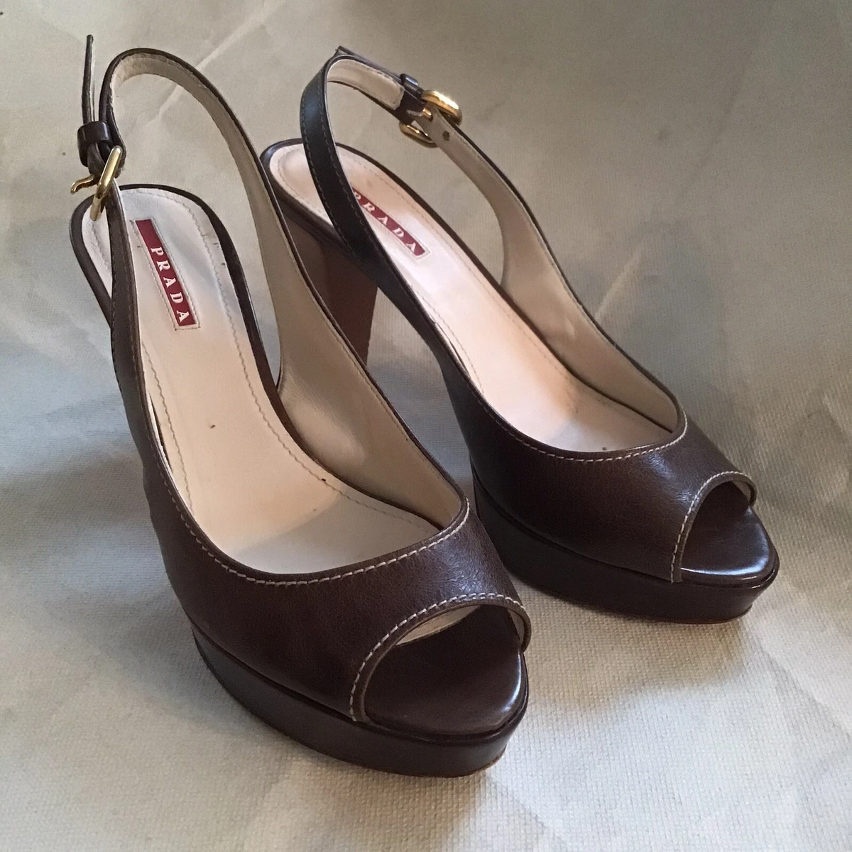 PRADA Italy Sandals Heels Sling back Peep Toe Size 37 7