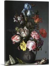 Flowers in a Vase with Shells and Insects Canvas Art Print Balthasar van der Ast