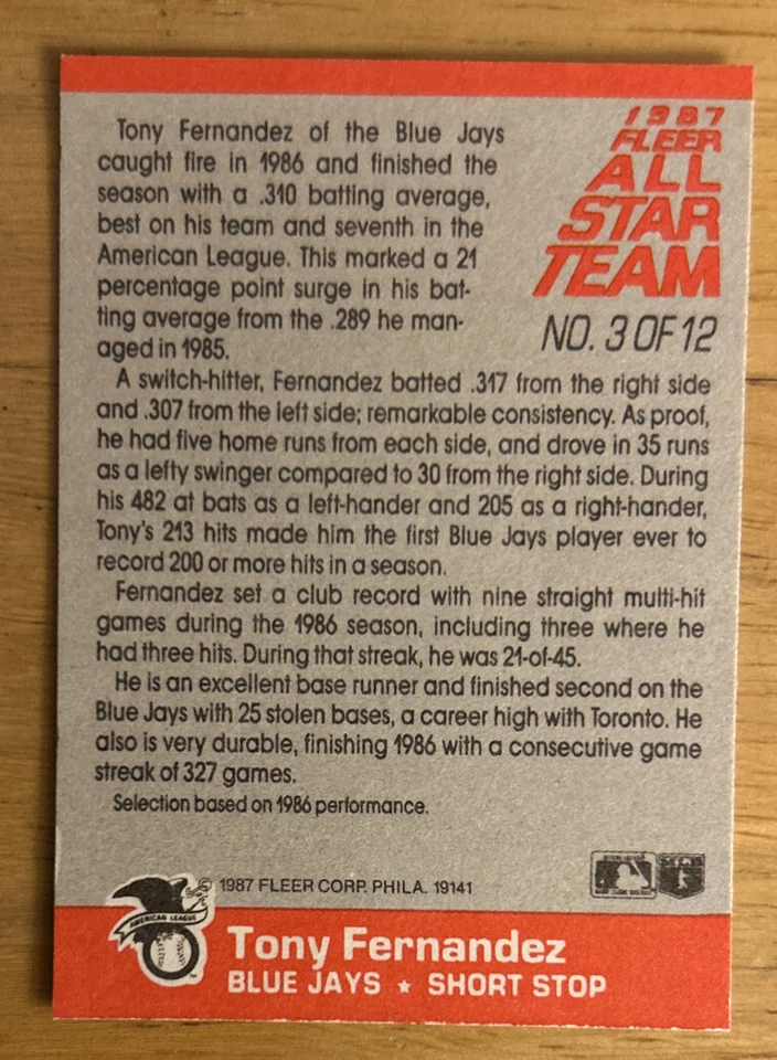 1987 Fleer All Star Team Tony Fernandez Card #3 de 12 Blue Jays Shortstop EXMT - Imagem 2 de 2