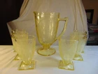 Yellow  Depression glass No. 612 pitcher and 6 tumblers