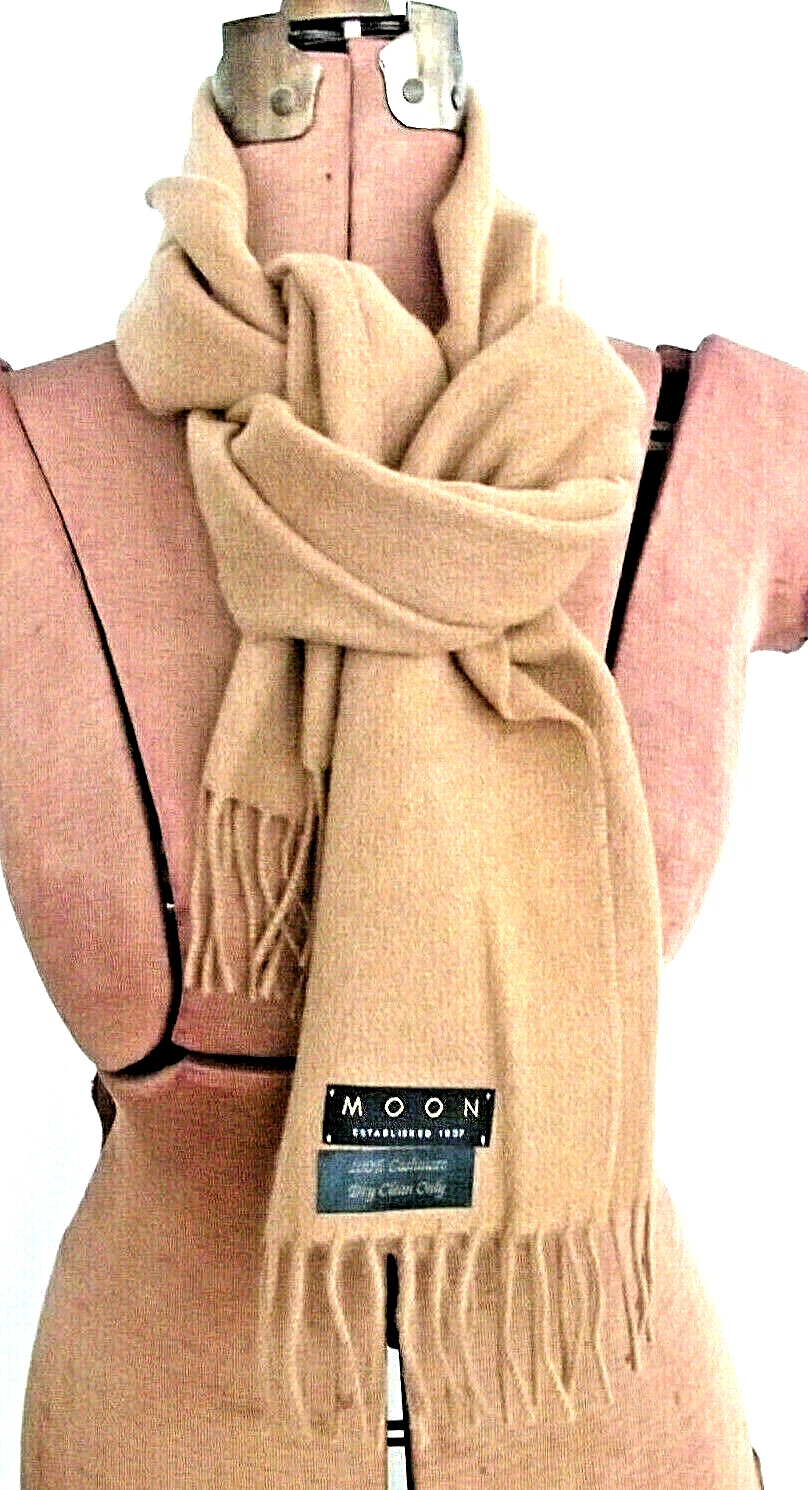 66" Long X 12" Wide MOON Solid Camel Tan 100% CASHMERE Soft 2 3/4" FRINGE SCARF
