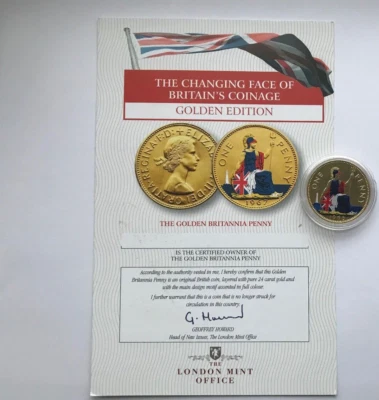 QUEEN ELIZABETH II PENNY LAYERED IN PURE GOLD ACCENTED IN FULL COLOUR 1966 - Image 1 of 4