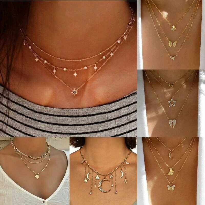 Women Multi layer Long Chain Pendant Crystal Choker Necklace Boho Jewelry Gifts