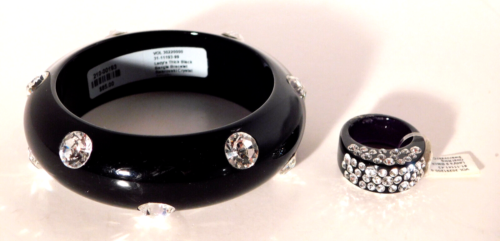 Swarovski Crystal Black Lucite Statement Bangle Bracelet + Oval Ring Set NWT - Picture 1 of 7
