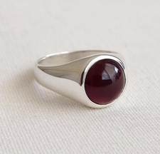Bague chevalière grenat rouge en argent massif 925, bijoux grenat homme fait ...
