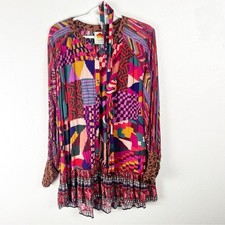 FARM RIO Long Sleeves Mixed Abstract Patches Button Front Mini Dress Size Small