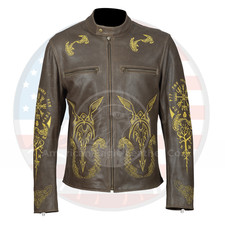 Mens Vintage Brown Leather Jacket Norse Mythology Embroidered Viking Nordic Bike