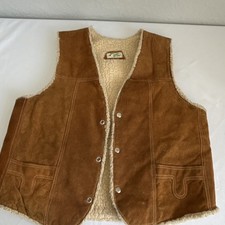 Vintage Genuine Leather Shearling Brown Men's Regular Vest Size 46 Leather Cream