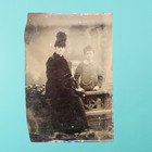Antique Tintype Photo Victorian Woman Child Feather Hat Outdoor Studio Scene