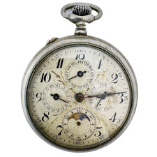 Antico Orologio Da Tasca Meccanico Hasler Tripla Data Fasi Lunari Nichel Svizzero