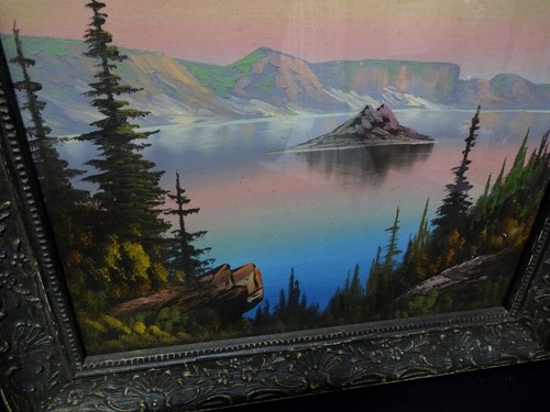 ANTIKES ÖLGEMÄLDE KRATERSEE OREGON UM 1920 AUF HOLZBRETT VERZIERTER RAHMEN! - Bild 2 von 10