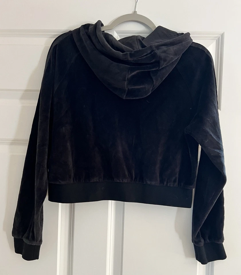 ADIDAS Negro Terciopelo Recortado Mujer Grande 3 Rayas Cremallera Sudadera con Capucha Trifolio Foto 3 de 4