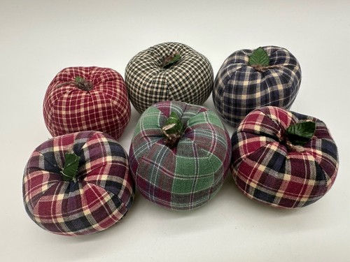Set Of 6 Fabric Hand Sewn Apples Plush Decor Plaids Filler Fall Decor - Picture 6 of 6