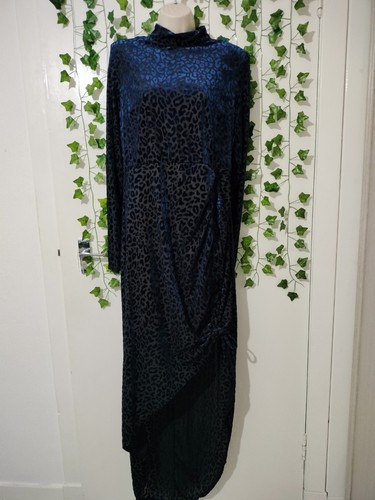 Plt blue velvet longsleeve ruched side dipped hem midi maxi dress size UK 16 - Picture 2 of 17