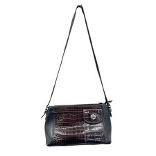 Brighton Croc Embossed Leather Shoulder Bag Brown Black Flap Pocket Silver Buckl