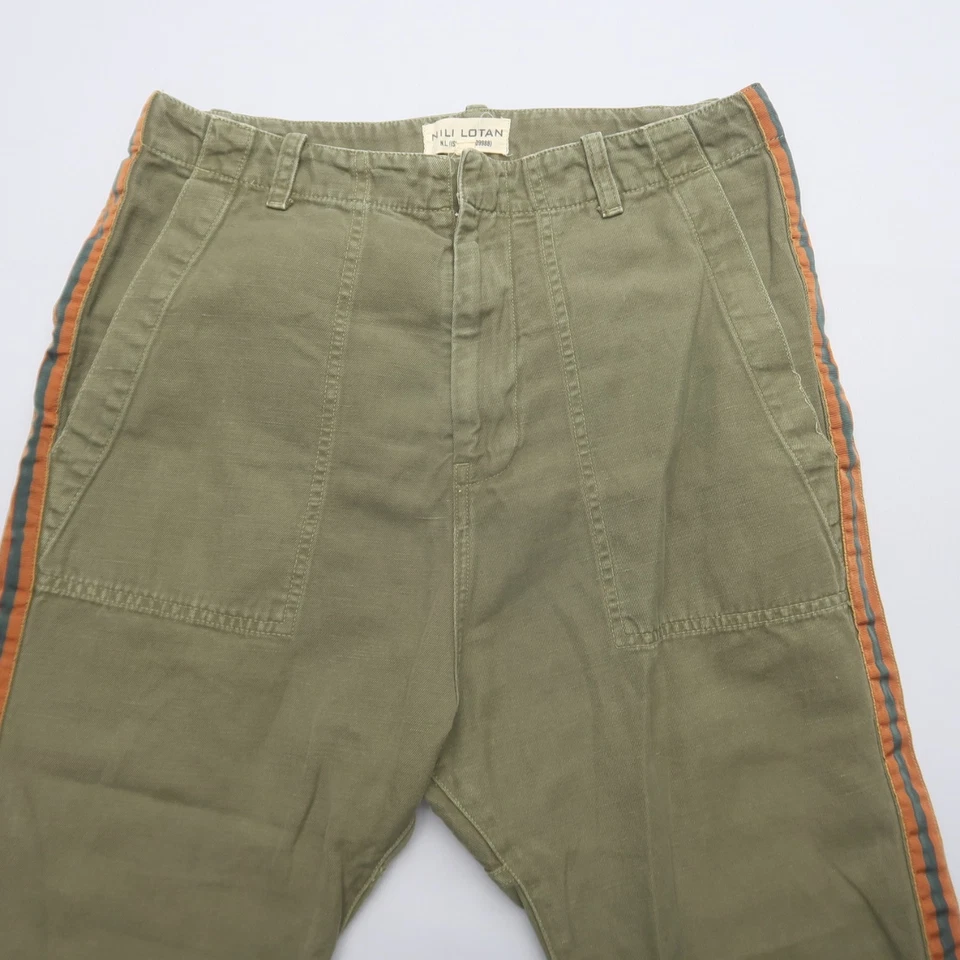 Pantalones Nili Lotan Luna Talla 4 Verde Entrepierna Caída Mezcla de Lino Pantalones Rayas Laterales Foto 3 de 4