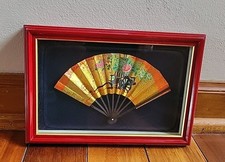 Japanese Kyo Sensu Folding Fan Kyoto Decorative Framed Wall Hanging Art Vtg