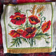 Antique 'Poppies' Small Tapestry - Approx. 9 x 9 inches (2nd A)