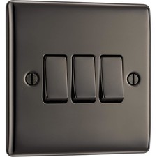 BG Metal Black Nickel 3 Gang 2 Way Light Switch 10AX Raised Plate NBN14 Modern