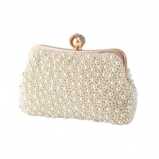 Women Pearl Evening Bag Bride Beaded Clutch Purse Cream White for Wedding Par...