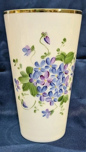 VTG Hand Painted, Signed Milk Glass Vase / Wastebasket Cottagecore Shabby Chic