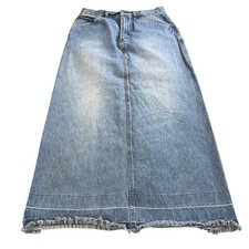 90s Y2K French Cuff Denim Maxi Skirt Womens 10 Medium Wash Frayed Raw Hem Modest