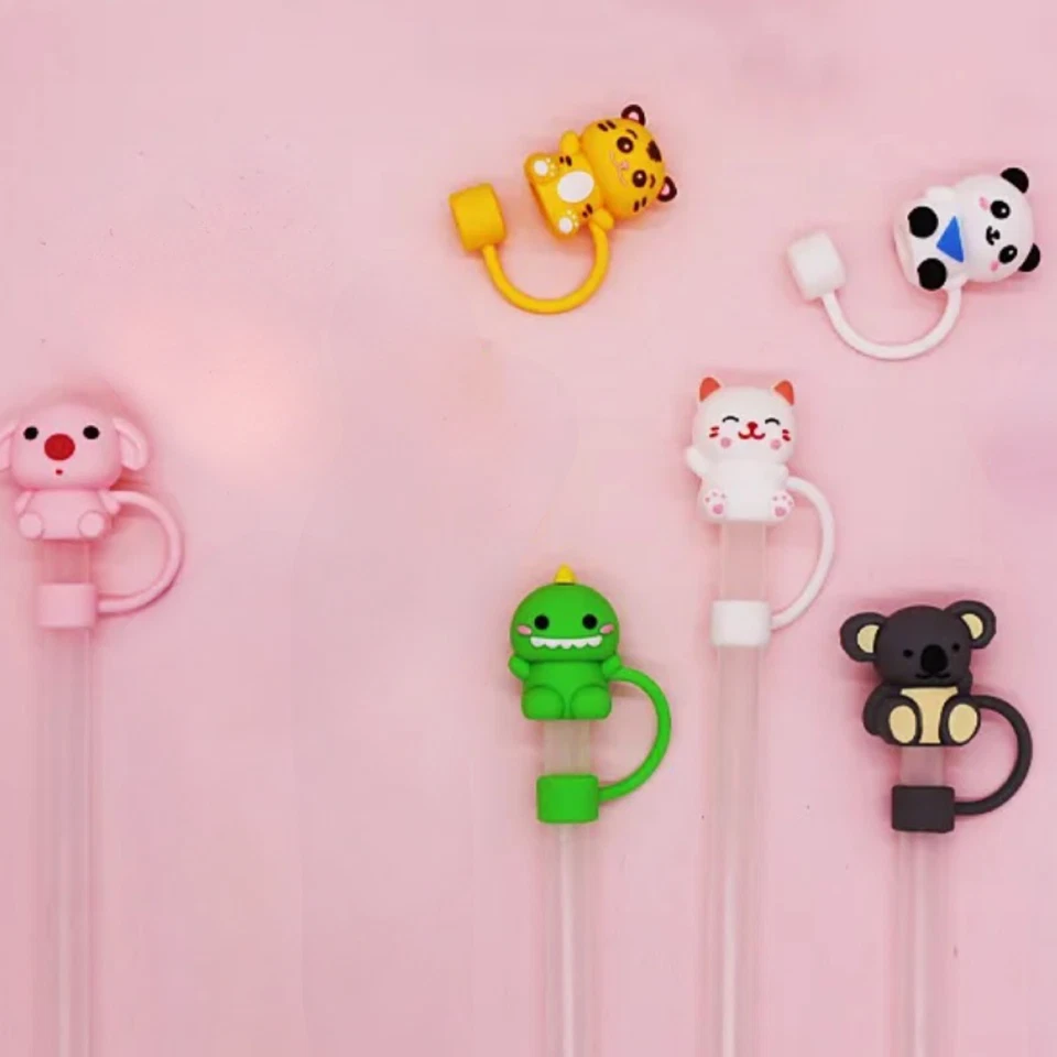 6pc Animal Theme Cute Silicone Straw Cover Caps Protects From Germs & Spills - Image 2 of 4