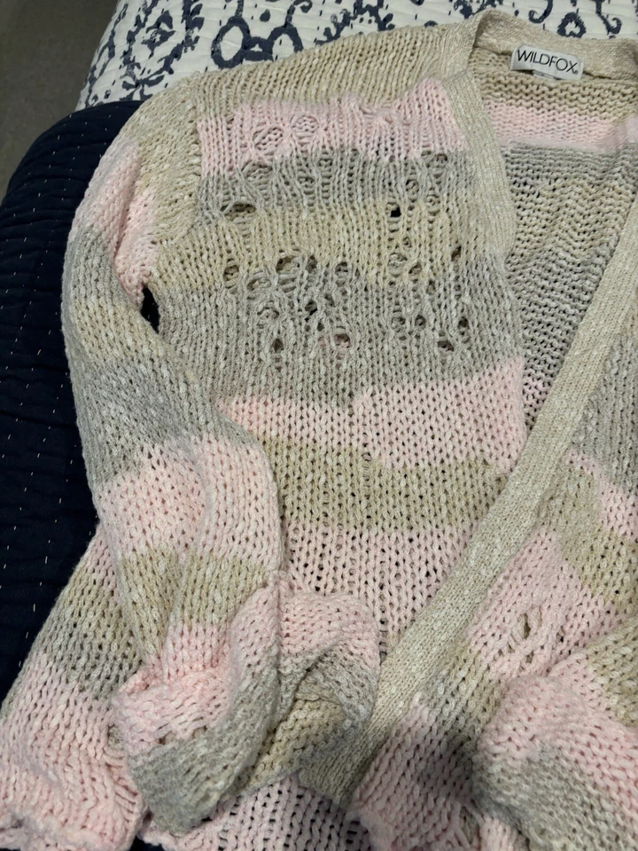 Cárdigan suéter tejido frontal abierto a rayas Wildfox para mujer rosa/beige talla S Foto 2 de 4